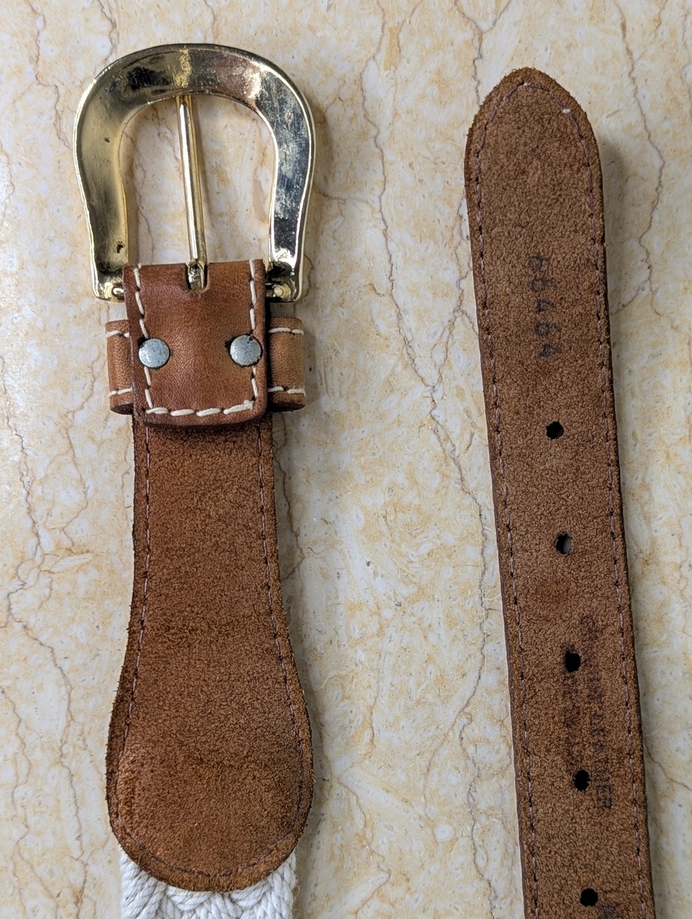 Vintage Off White Braided Brown Leather Belt Gold Tone Buckle Women's S - Picture 3 of 13